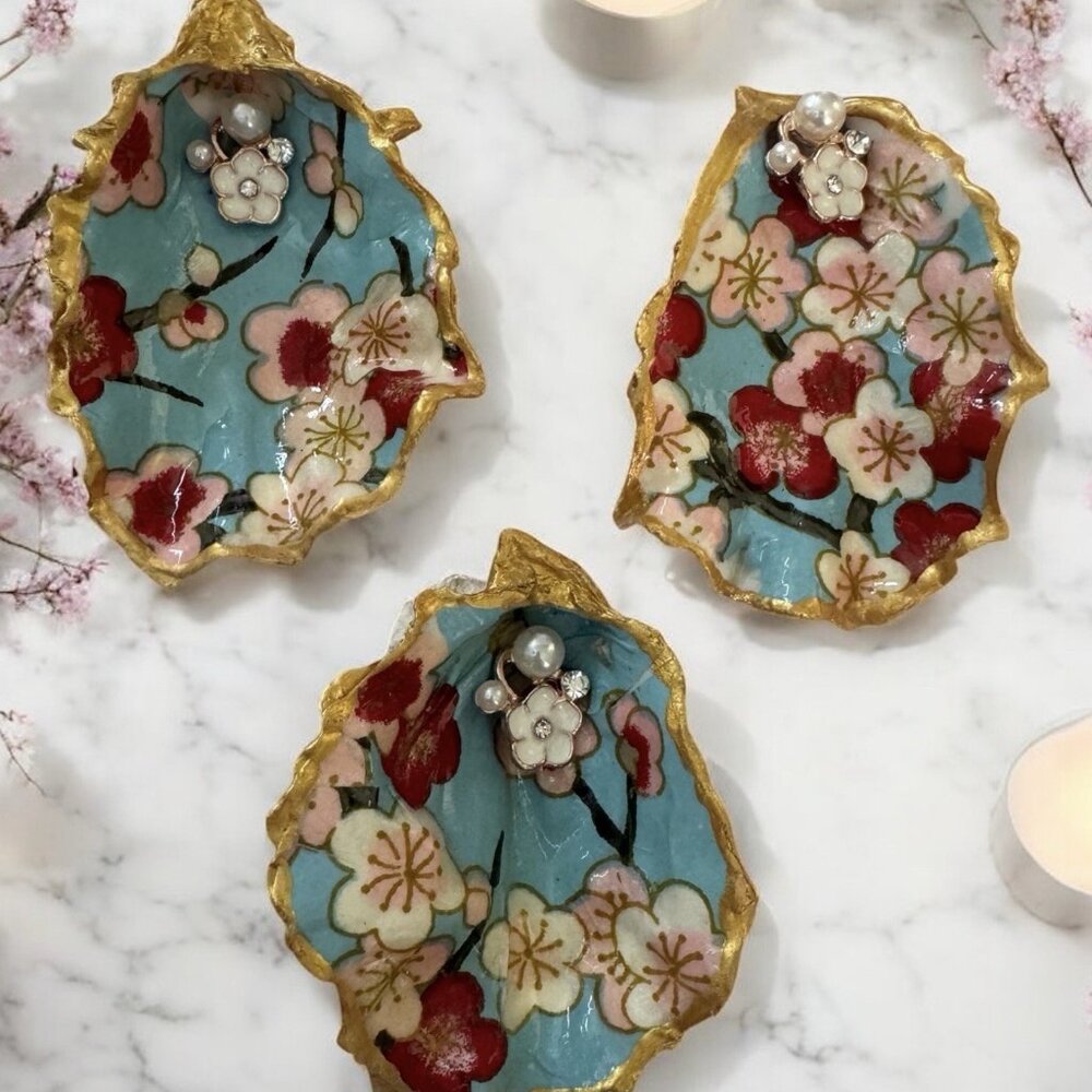 Handmade Decoupage Oyster Shell Trinket Dish Cherry Blossoms, Pearls, Gold Trim